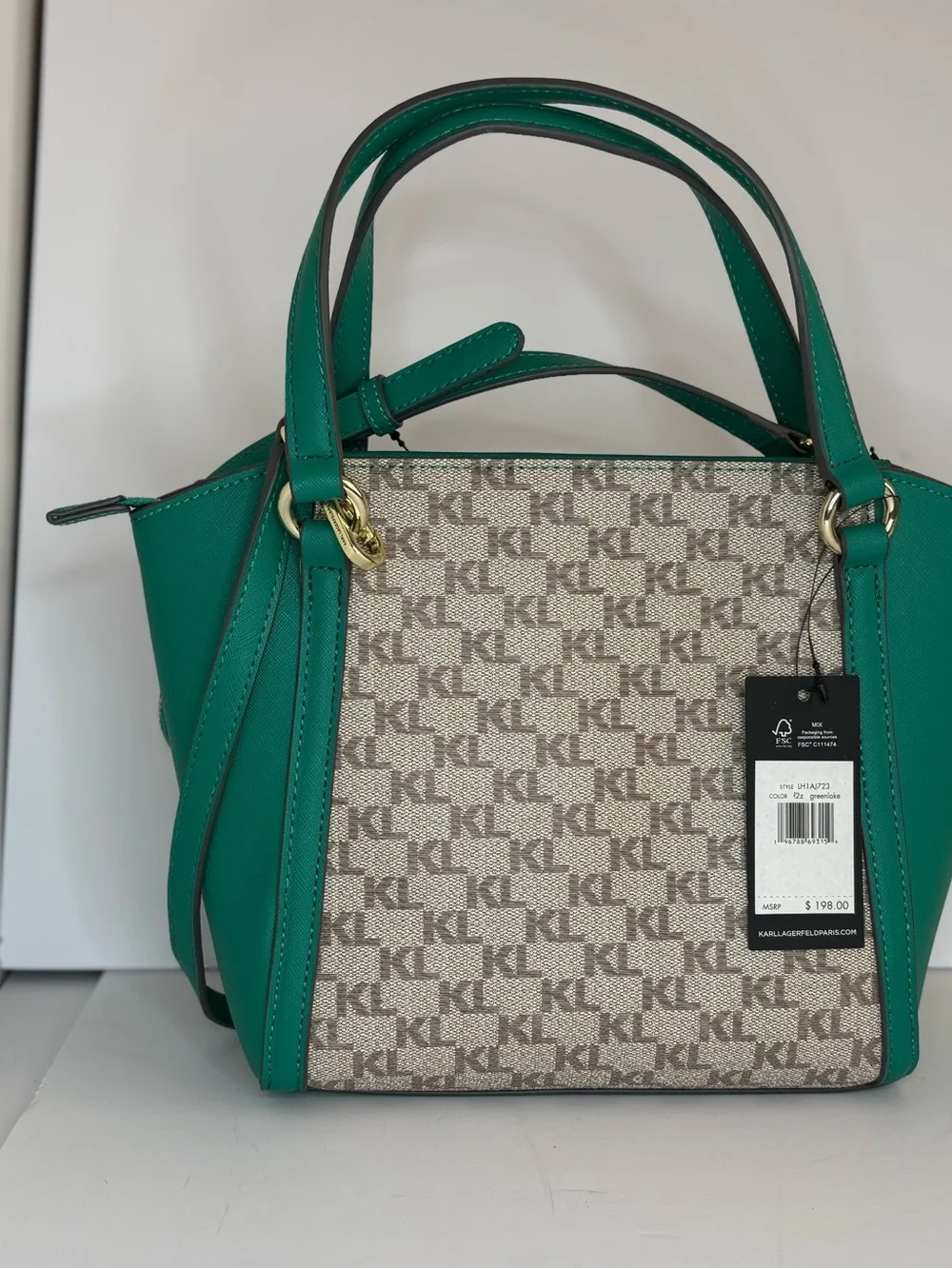 Karl Lagerfeld Teal and Beige Logo-Panel Satchel with Heart Charm